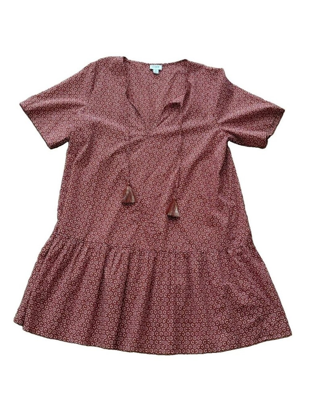 J.Crew Tunic Dress Women’s Small Brown Tassel Tie Short Sleeve Geometric Cotton